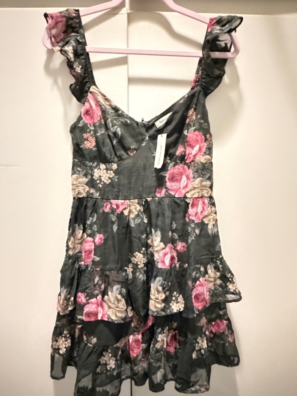 Francesca's Collections Black Floral Ruffle Mini Dress with Pink Roses